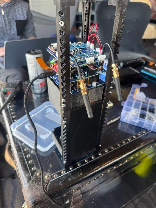 Destination Dirt frame with the avionics stack, wiring and antennas installed during testing.